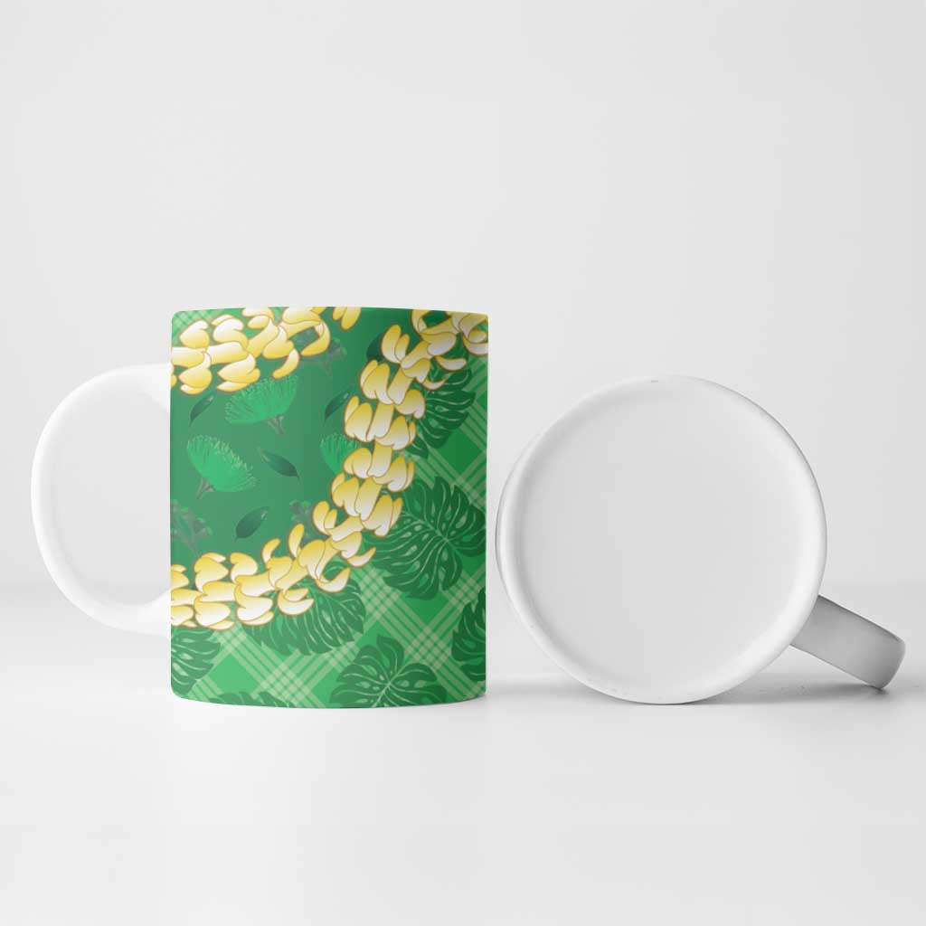 Green Palaka Hawaii Mele Kalikimaka Ceramic Mug Ohia Lehua Monstera Puakenikeni Lei - Polynesian Pride