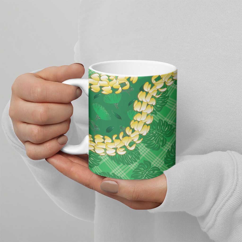 Green Palaka Hawaii Mele Kalikimaka Ceramic Mug Ohia Lehua Monstera Puakenikeni Lei - Polynesian Pride