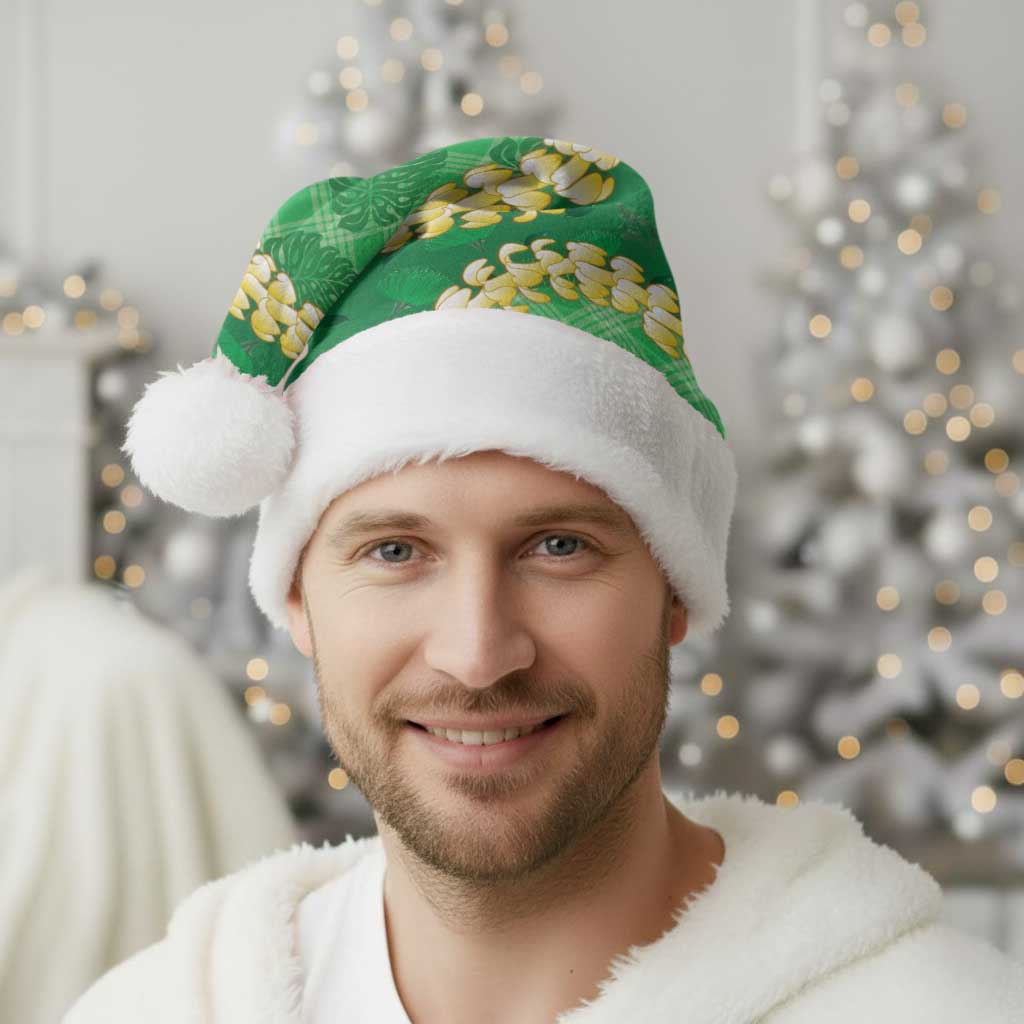 Green Palaka Hawaii Mele Kalikimaka Christmas Santa Hat Ohia Lehua Monstera Puakenikeni Lei - Polynesian Pride