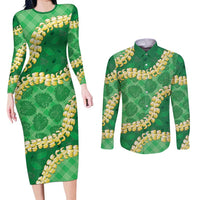 Green Palaka Hawaii Mele Kalikimaka Couples Matching Long Sleeve Bodycon Dress and Long Sleeve Button Shirt Ohia Lehua Monstera Puakenikeni Lei - Polynesian Pride