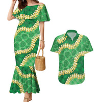 Green Palaka Hawaii Mele Kalikimaka Couples Matching Mermaid Dress and Hawaiian Shirt Ohia Lehua Monstera Puakenikeni Lei - Polynesian Pride