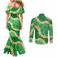 Green Palaka Hawaii Mele Kalikimaka Couples Matching Mermaid Dress and Long Sleeve Button Shirt Ohia Lehua Monstera Puakenikeni Lei - Polynesian Pride