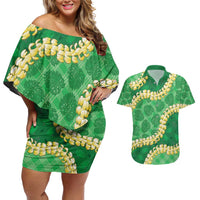 Green Palaka Hawaii Mele Kalikimaka Couples Matching Off Shoulder Short Dress and Hawaiian Shirt Ohia Lehua Monstera Puakenikeni Lei - Polynesian Pride
