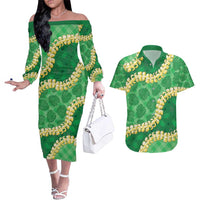 Green Palaka Hawaii Mele Kalikimaka Couples Matching Off The Shoulder Long Sleeve Dress and Hawaiian Shirt Ohia Lehua Monstera Puakenikeni Lei - Polynesian Pride