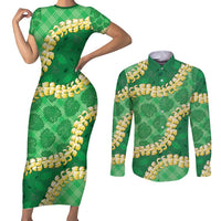 Green Palaka Hawaii Mele Kalikimaka Couples Matching Short Sleeve Bodycon Dress and Long Sleeve Button Shirt Ohia Lehua Monstera Puakenikeni Lei - Polynesian Pride