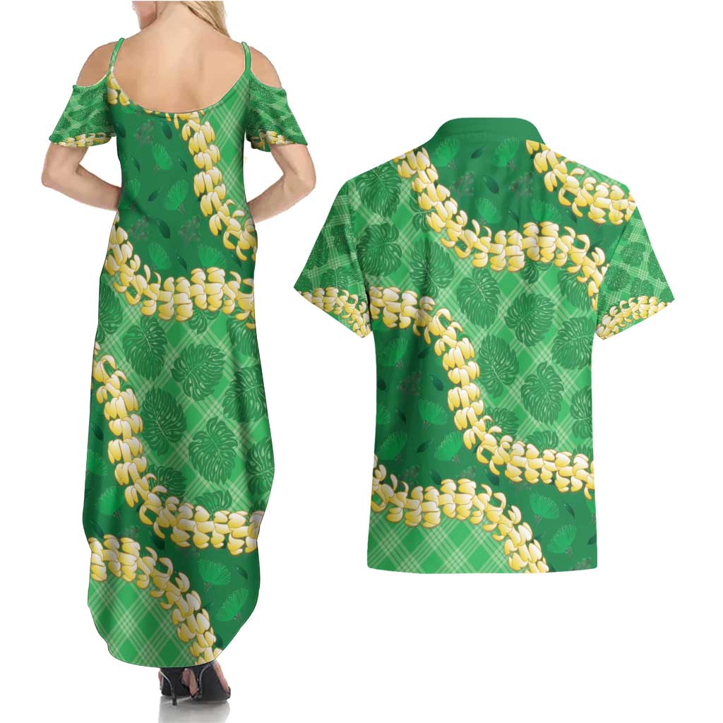 Green Palaka Hawaii Mele Kalikimaka Couples Matching Summer Maxi Dress and Hawaiian Shirt Ohia Lehua Monstera Puakenikeni Lei - Polynesian Pride