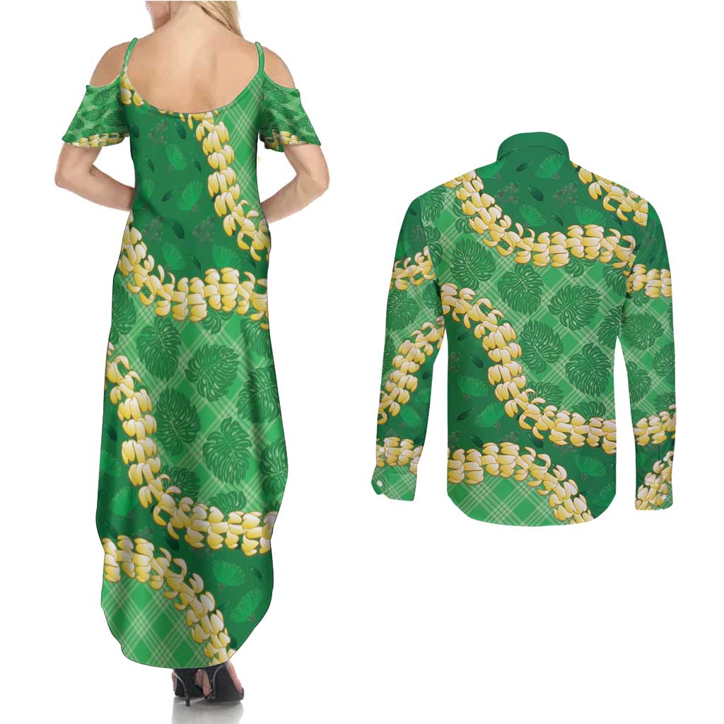 Green Palaka Hawaii Mele Kalikimaka Couples Matching Summer Maxi Dress and Long Sleeve Button Shirt Ohia Lehua Monstera Puakenikeni Lei - Polynesian Pride