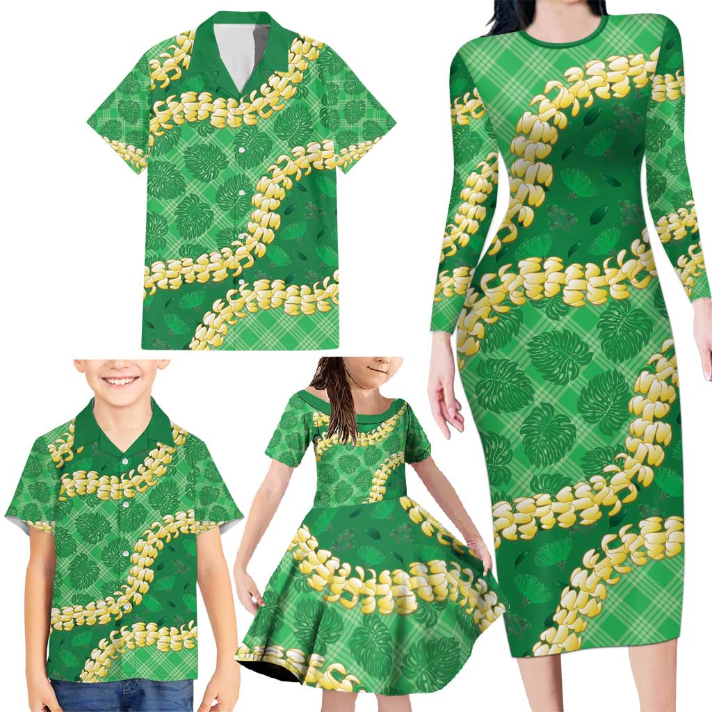 Green Palaka Hawaii Mele Kalikimaka Family Matching Long Sleeve Bodycon Dress and Hawaiian Shirt Ohia Lehua Monstera Puakenikeni Lei - Polynesian Pride