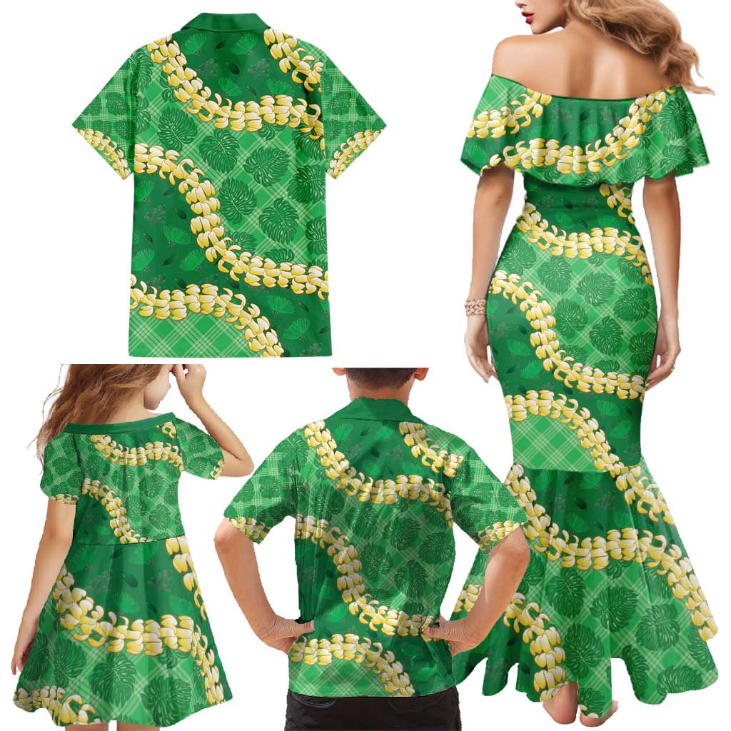 Green Palaka Hawaii Mele Kalikimaka Family Matching Mermaid Dress and Hawaiian Shirt Ohia Lehua Monstera Puakenikeni Lei - Polynesian Pride
