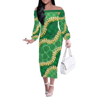 Green Palaka Hawaii Mele Kalikimaka Family Matching Off The Shoulder Long Sleeve Dress and Hawaiian Shirt Ohia Lehua Monstera Puakenikeni Lei - Polynesian Pride