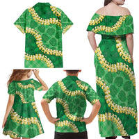 Green Palaka Hawaii Mele Kalikimaka Family Matching Off Shoulder Maxi Dress and Hawaiian Shirt Ohia Lehua Monstera Puakenikeni Lei - Polynesian Pride