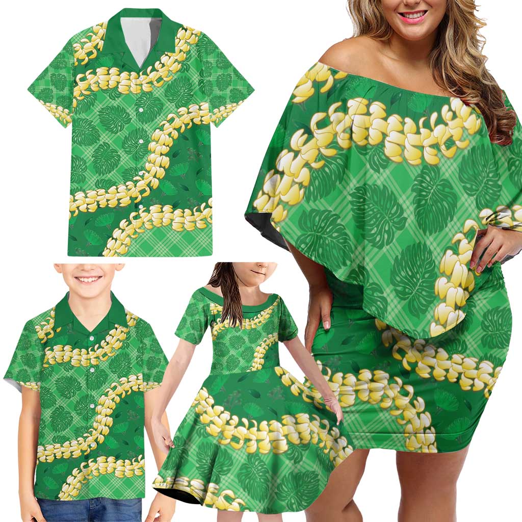 Green Palaka Hawaii Mele Kalikimaka Family Matching Off Shoulder Short Dress and Hawaiian Shirt Ohia Lehua Monstera Puakenikeni Lei - Polynesian Pride