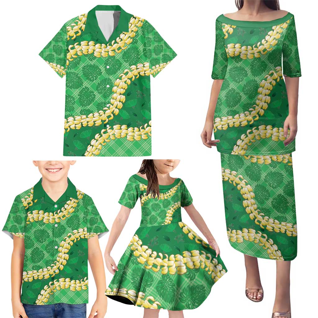 Green Palaka Hawaii Mele Kalikimaka Family Matching Puletasi and Hawaiian Shirt Ohia Lehua Monstera Puakenikeni Lei - Polynesian Pride
