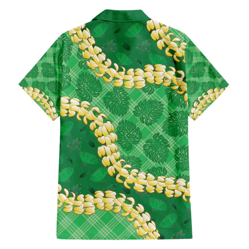 Green Palaka Hawaii Mele Kalikimaka Family Matching Short Sleeve Bodycon Dress and Hawaiian Shirt Ohia Lehua Monstera Puakenikeni Lei - Polynesian Pride