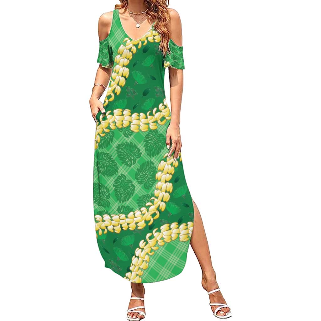 Green Palaka Hawaii Mele Kalikimaka Family Matching Summer Maxi Dress and Hawaiian Shirt Ohia Lehua Monstera Puakenikeni Lei - Polynesian Pride