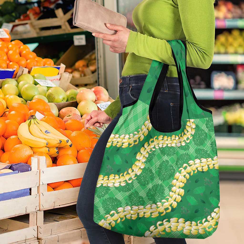 Green Palaka Hawaii Mele Kalikimaka Grocery Bag Ohia Lehua Monstera Puakenikeni Lei - Polynesian Pride