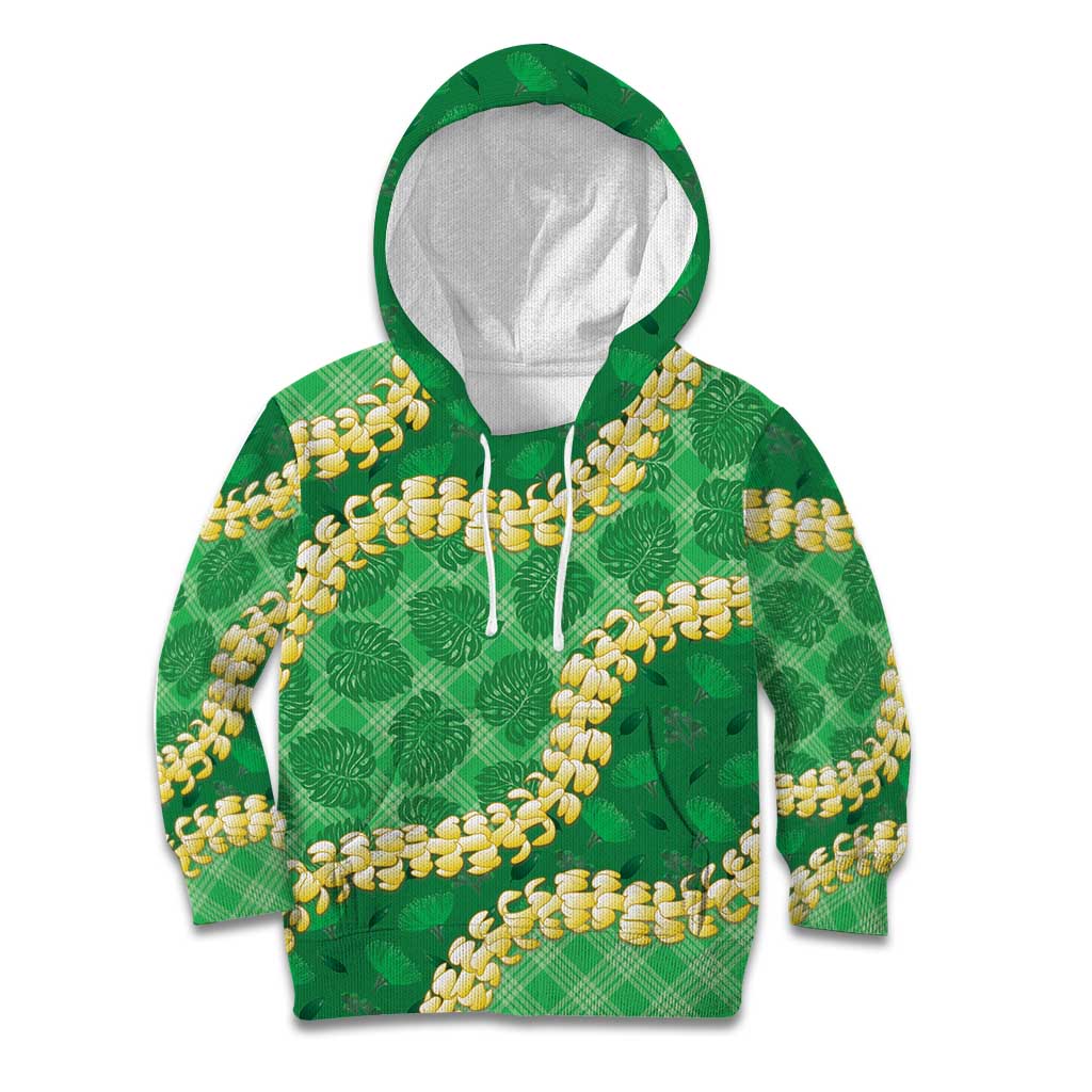 Green Palaka Hawaii Mele Kalikimaka Kid Hoodie Ohia Lehua Monstera Puakenikeni Lei - Polynesian Pride