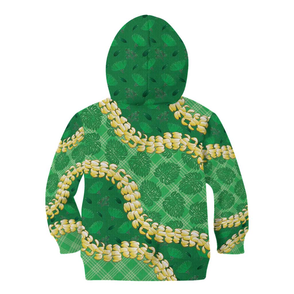 Green Palaka Hawaii Mele Kalikimaka Kid Hoodie Ohia Lehua Monstera Puakenikeni Lei - Polynesian Pride