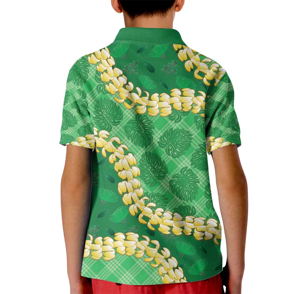 Green Palaka Hawaii Mele Kalikimaka Kid Polo Shirt Ohia Lehua Monstera Puakenikeni Lei - Polynesian Pride
