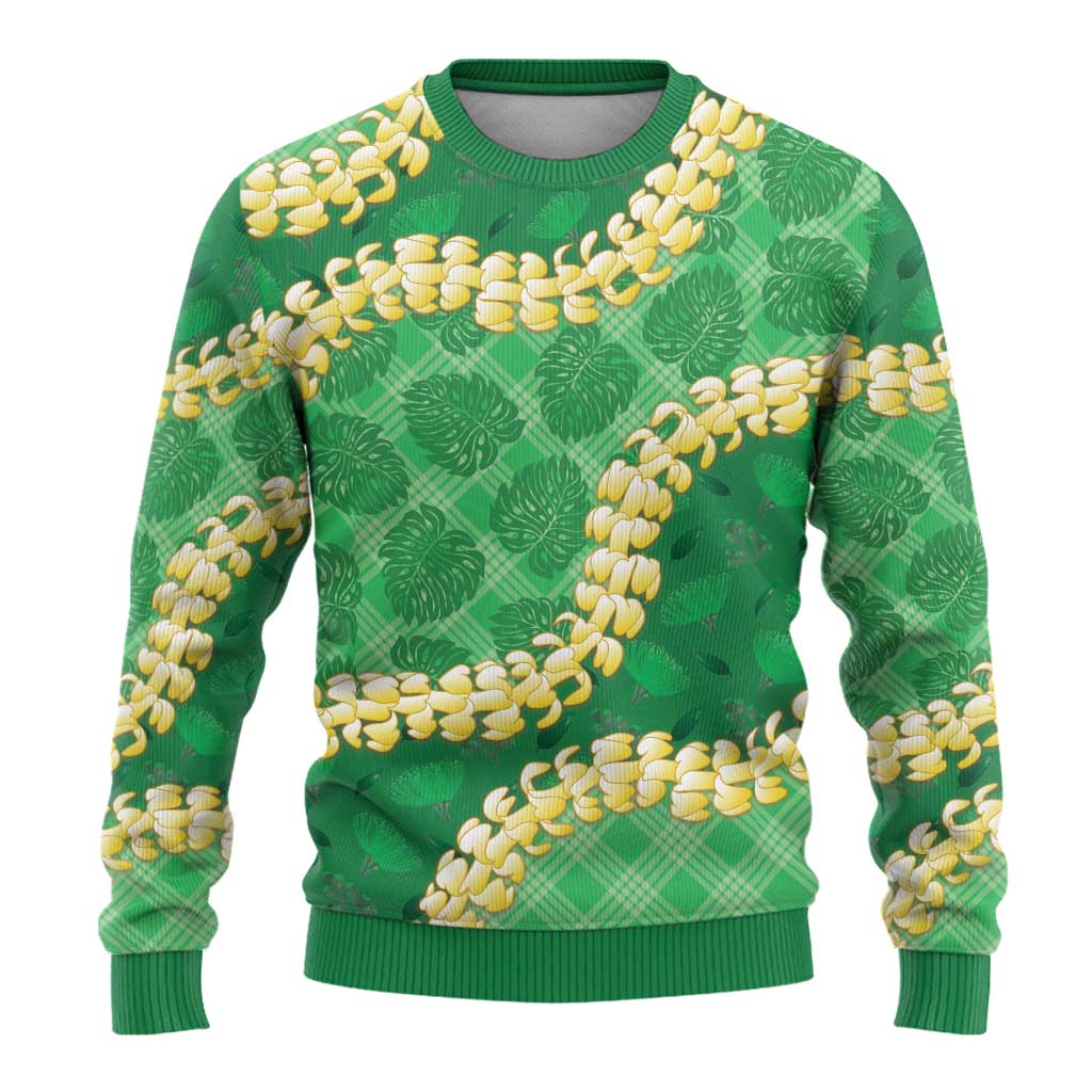 Green Palaka Hawaii Mele Kalikimaka Ugly Christmas Sweater Ohia Lehua Monstera Puakenikeni Lei - Polynesian Pride