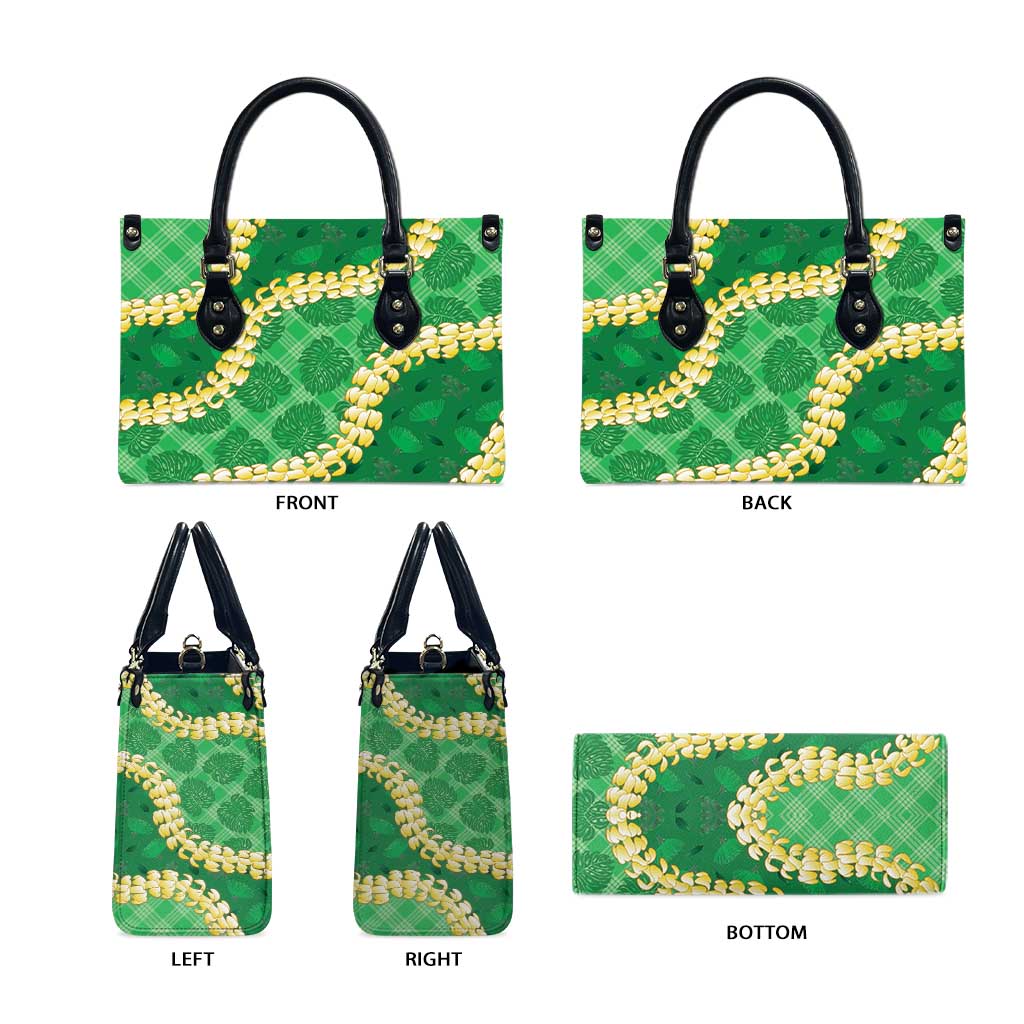 Green Palaka Hawaii Mele Kalikimaka Leather Bag Ohia Lehua Monstera Puakenikeni Lei - Polynesian Pride