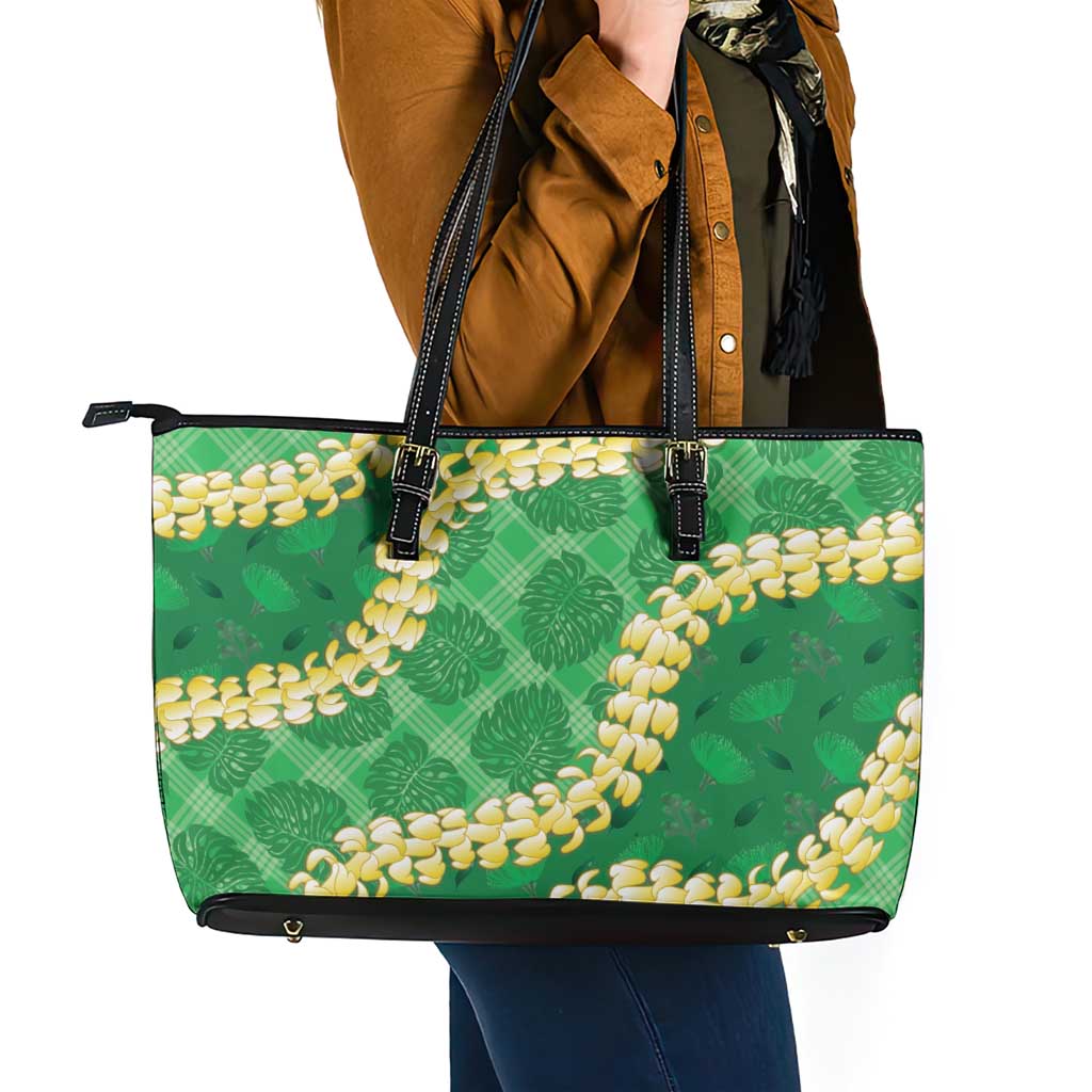 Green Palaka Hawaii Mele Kalikimaka Leather Tote Bag Ohia Lehua Monstera Puakenikeni Lei - Polynesian Pride