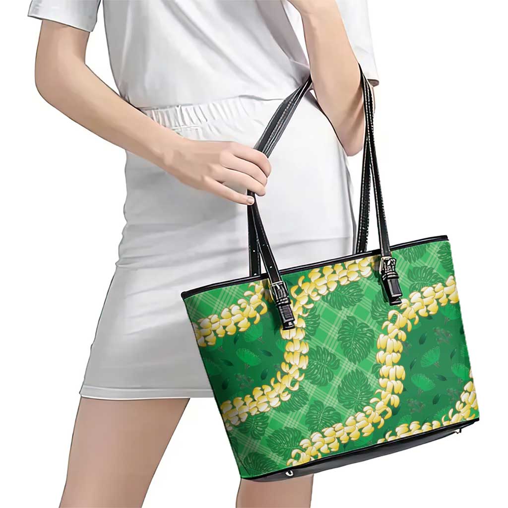 Green Palaka Hawaii Mele Kalikimaka Leather Tote Bag Ohia Lehua Monstera Puakenikeni Lei - Polynesian Pride