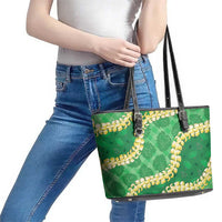 Green Palaka Hawaii Mele Kalikimaka Leather Tote Bag Ohia Lehua Monstera Puakenikeni Lei - Polynesian Pride