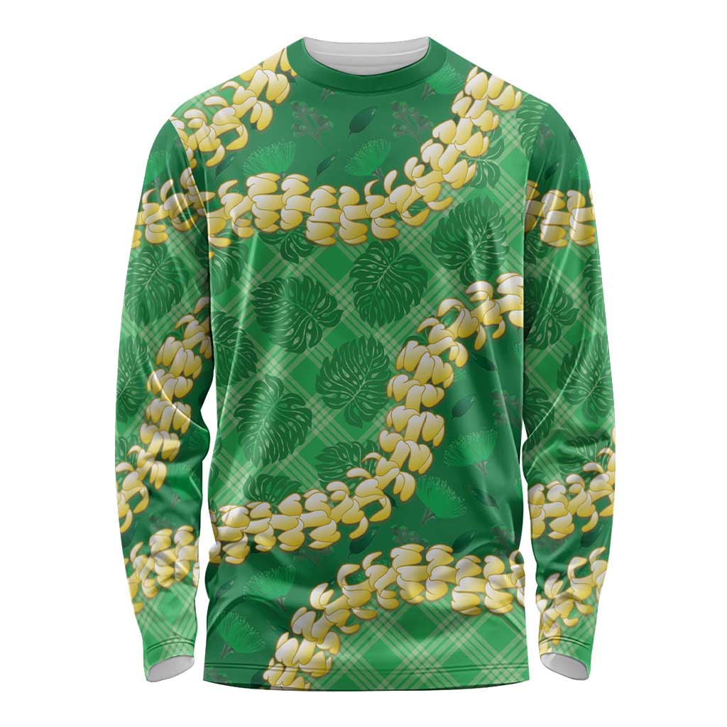 Green Palaka Hawaii Mele Kalikimaka Long Sleeve Shirt Ohia Lehua Monstera Puakenikeni Lei - Polynesian Pride