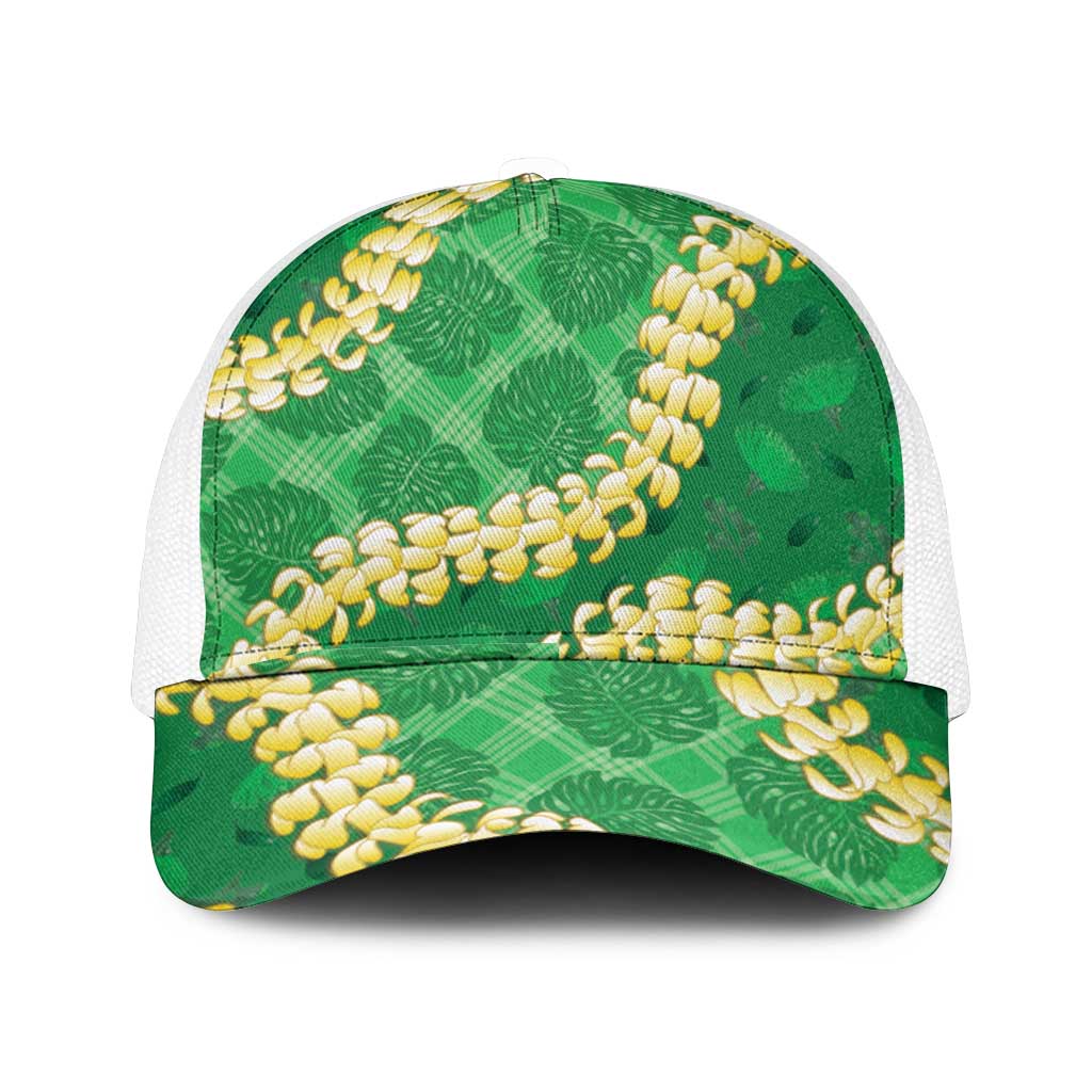 Green Palaka Hawaii Mele Kalikimaka Mesh Trucker Cap Ohia Lehua Monstera Puakenikeni Lei - Polynesian Pride
