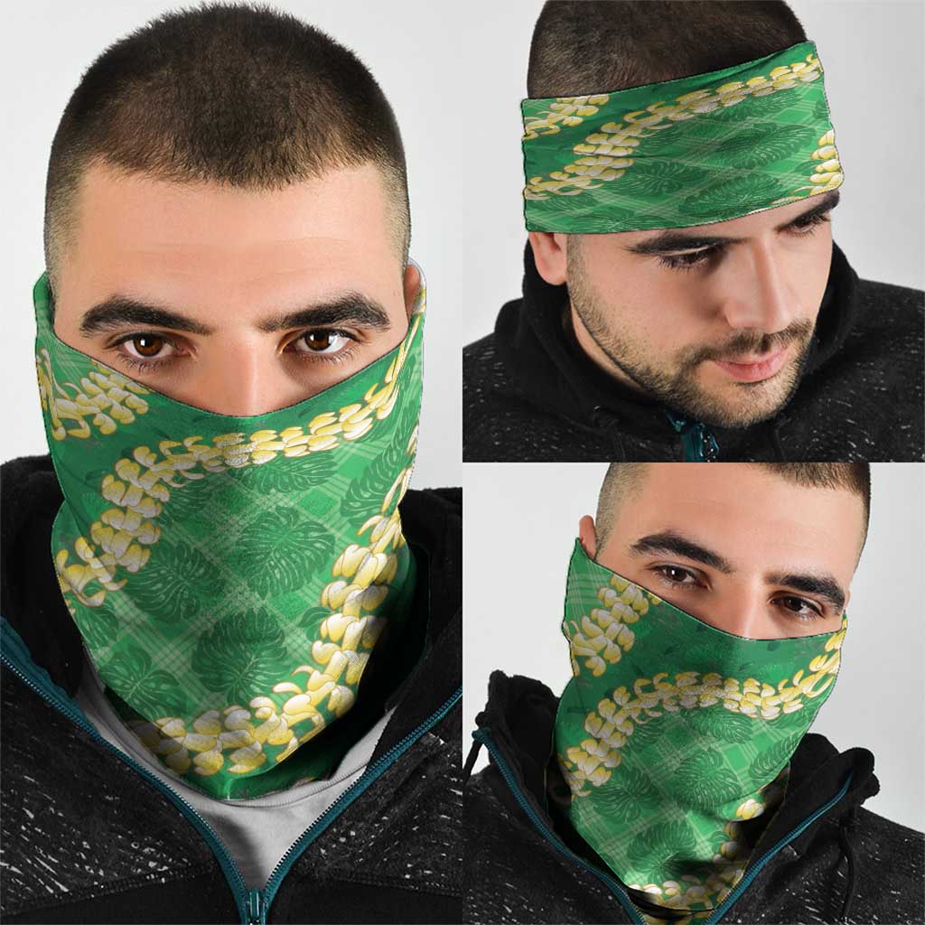 Green Palaka Hawaii Mele Kalikimaka Neck Gaiter Ohia Lehua Monstera Puakenikeni Lei - Polynesian Pride