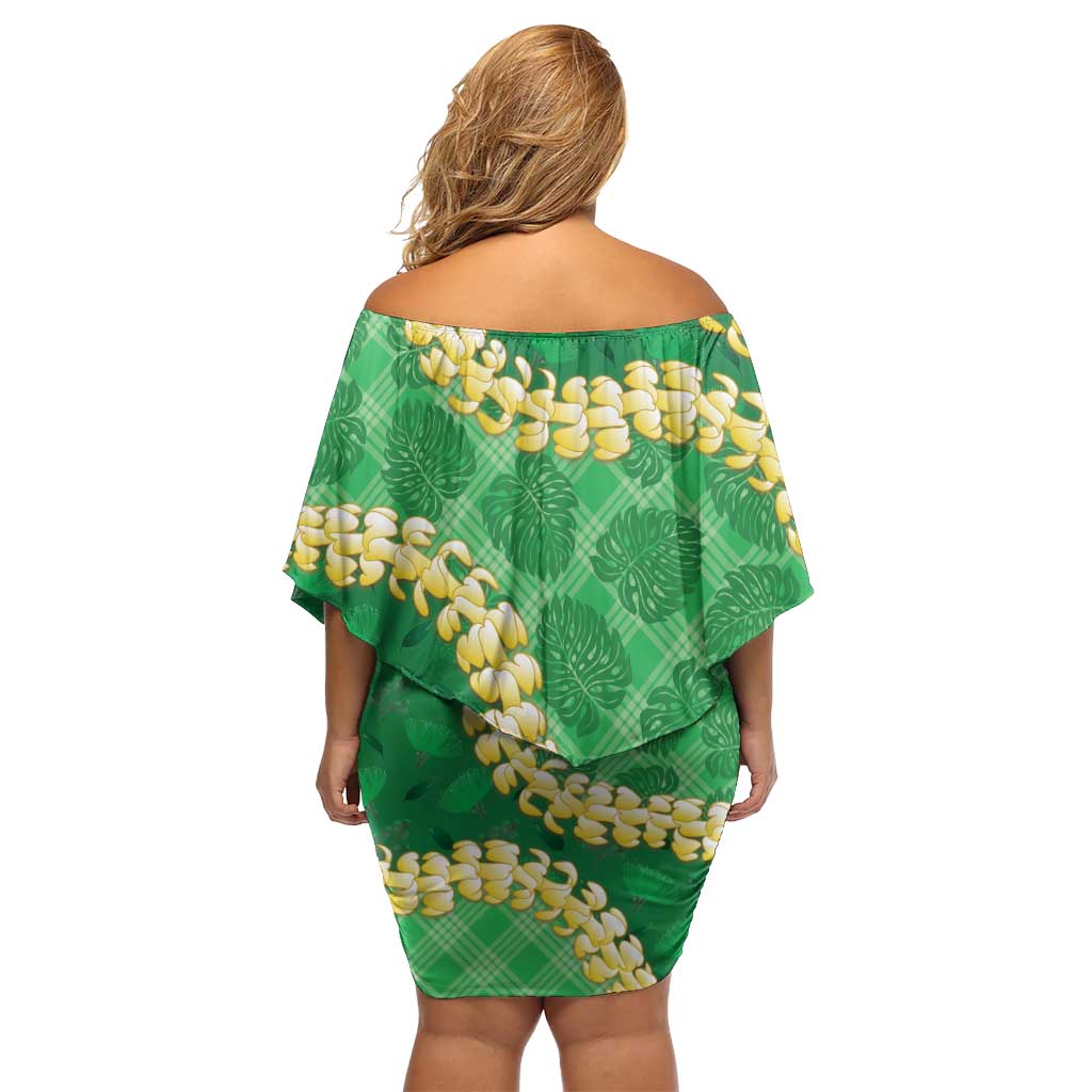 Green Palaka Hawaii Mele Kalikimaka Off Shoulder Short Dress Ohia Lehua Monstera Puakenikeni Lei - Polynesian Pride
