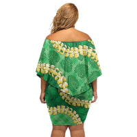 Green Palaka Hawaii Mele Kalikimaka Off Shoulder Short Dress Ohia Lehua Monstera Puakenikeni Lei - Polynesian Pride