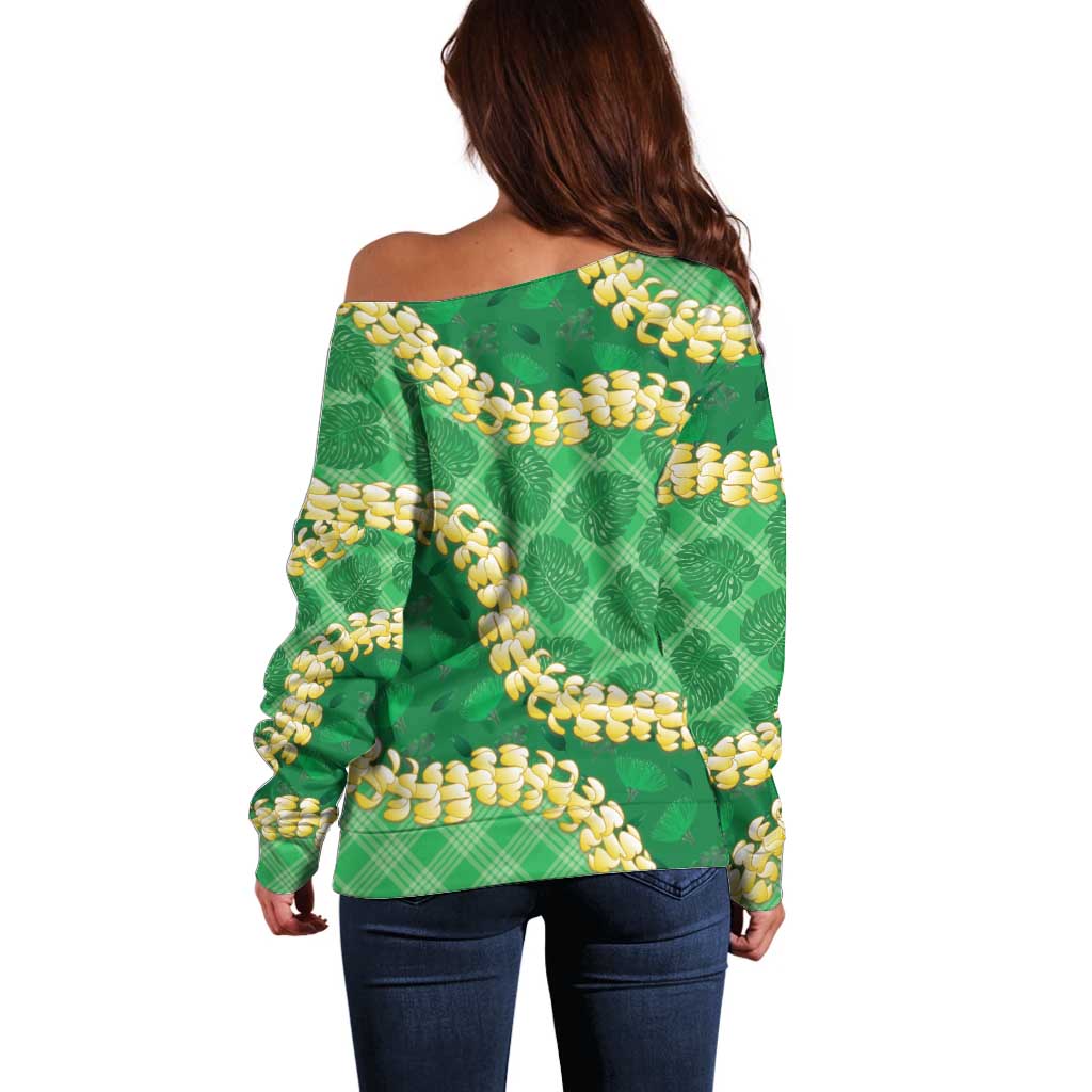 Green Palaka Hawaii Mele Kalikimaka Off Shoulder Sweater Ohia Lehua Monstera Puakenikeni Lei - Polynesian Pride