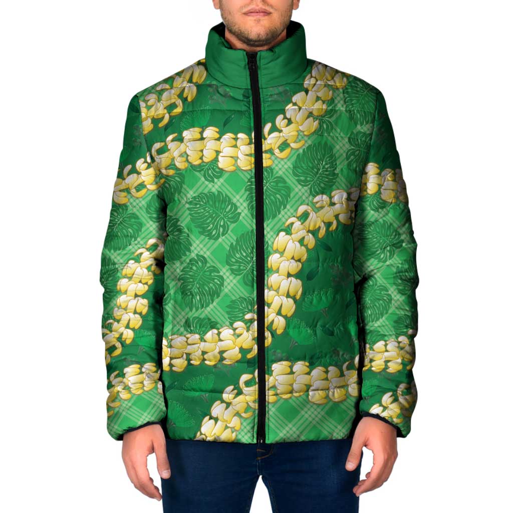 Green Palaka Hawaii Mele Kalikimaka Padded Jacket Ohia Lehua Monstera Puakenikeni Lei - Polynesian Pride