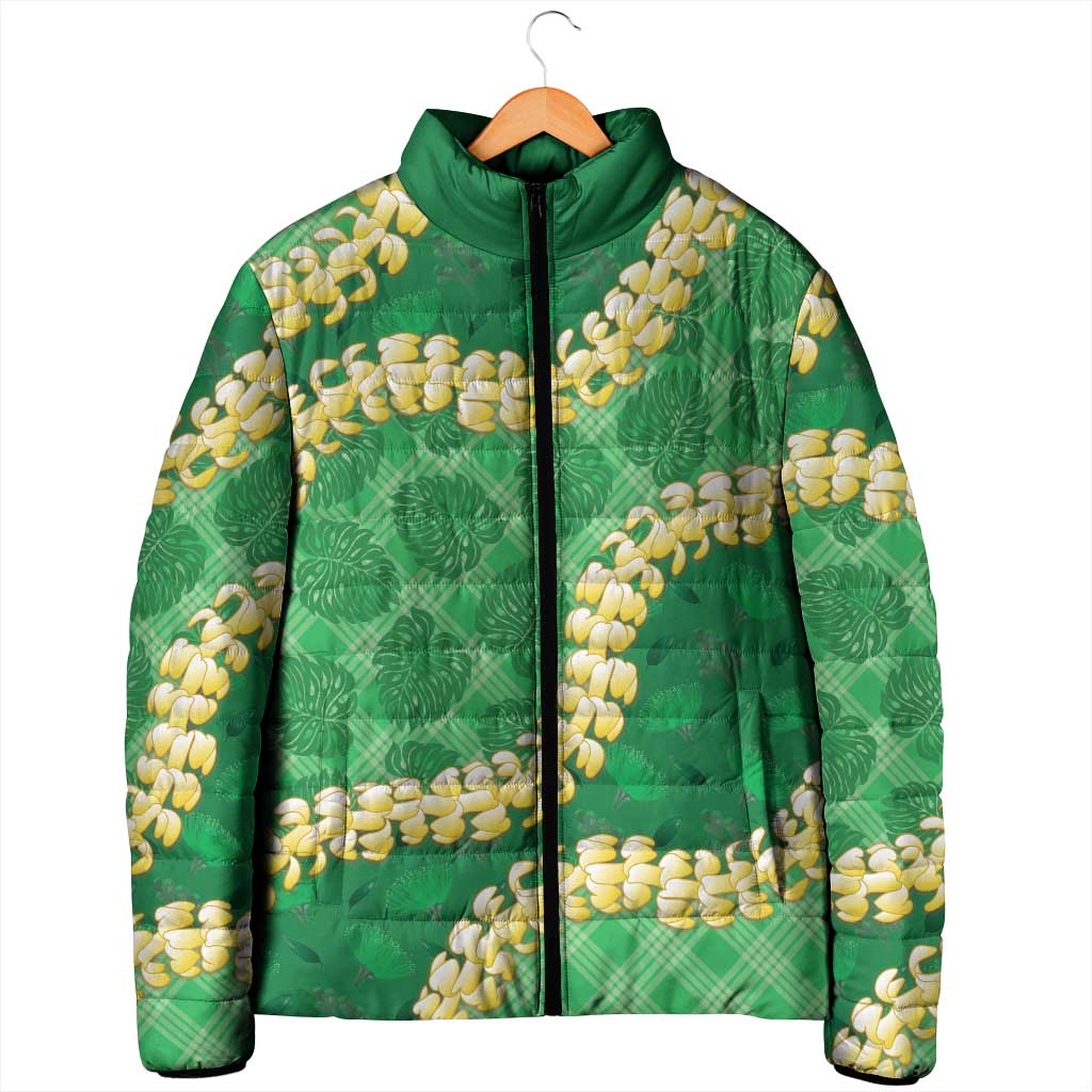 Green Palaka Hawaii Mele Kalikimaka Padded Jacket Ohia Lehua Monstera Puakenikeni Lei - Polynesian Pride