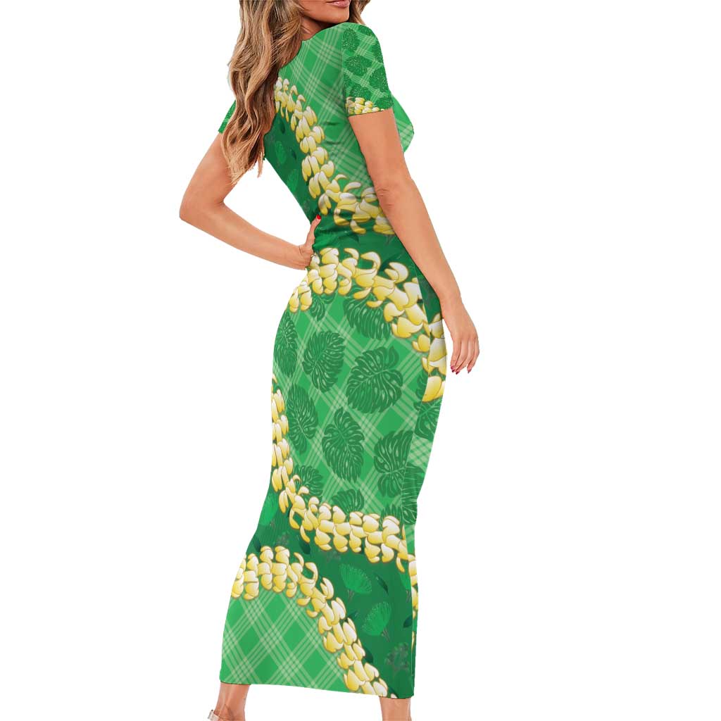 Green Palaka Hawaii Mele Kalikimaka Short Sleeve Bodycon Dress Ohia Lehua Monstera Puakenikeni Lei - Polynesian Pride