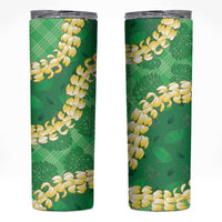 Green Palaka Hawaii Mele Kalikimaka Skinny Tumbler Ohia Lehua Monstera Puakenikeni Lei - Polynesian Pride
