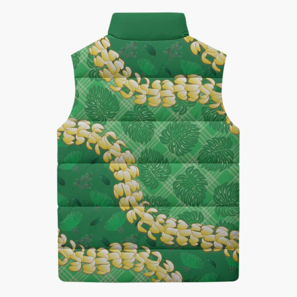 Green Palaka Hawaii Mele Kalikimaka Sleeveless Puffer Jacket Ohia Lehua Monstera Puakenikeni Lei - Polynesian Pride