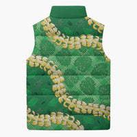 Green Palaka Hawaii Mele Kalikimaka Sleeveless Puffer Jacket Ohia Lehua Monstera Puakenikeni Lei - Polynesian Pride