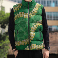 Green Palaka Hawaii Mele Kalikimaka Sleeveless Puffer Jacket Ohia Lehua Monstera Puakenikeni Lei - Polynesian Pride