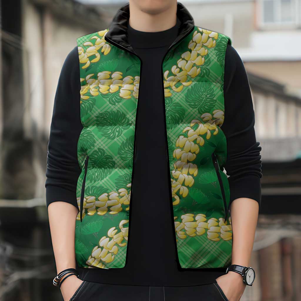 Green Palaka Hawaii Mele Kalikimaka Sleeveless Puffer Jacket Ohia Lehua Monstera Puakenikeni Lei - Polynesian Pride