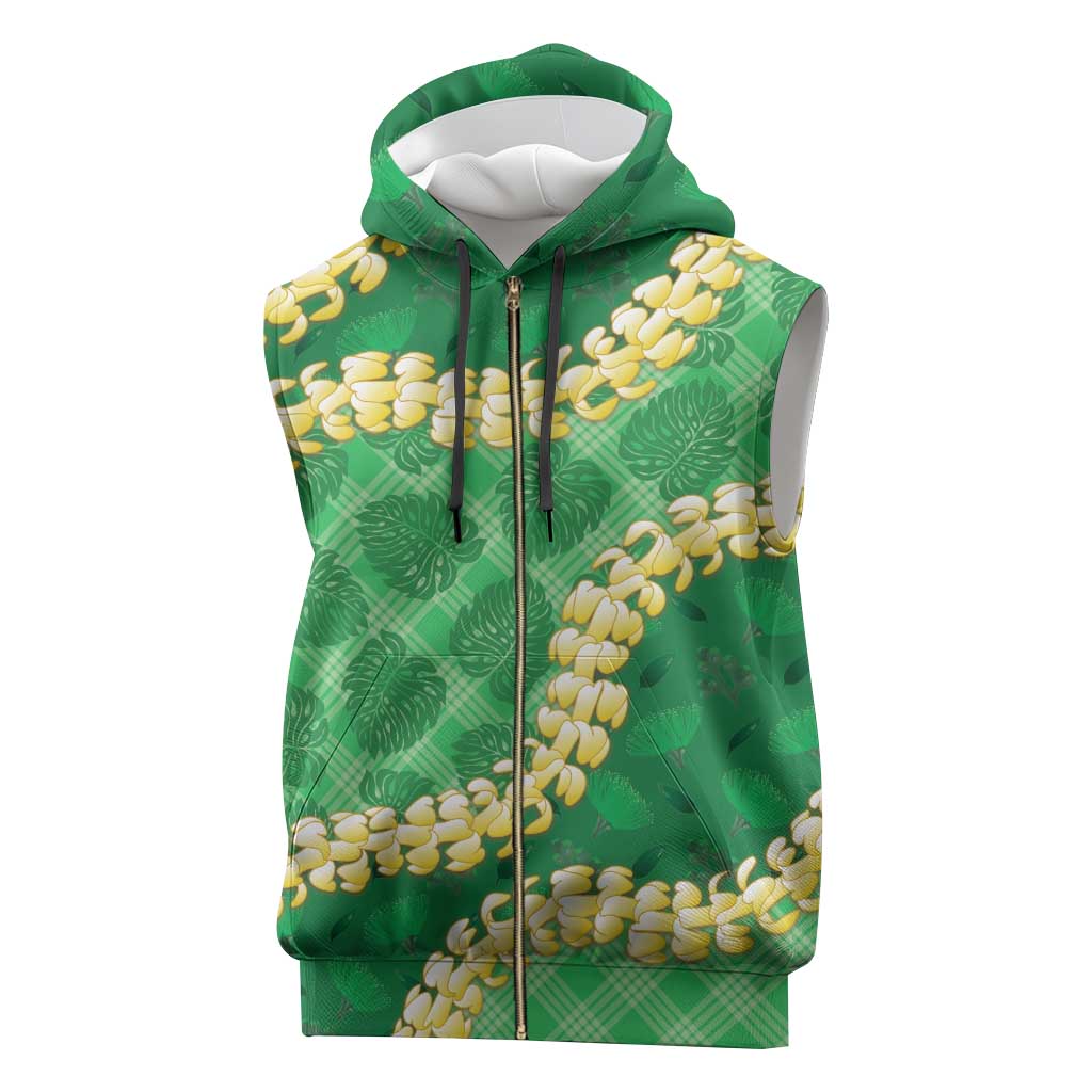 Green Palaka Hawaii Mele Kalikimaka Sleeveless Zip Hoodie Ohia Lehua Monstera Puakenikeni Lei - Polynesian Pride