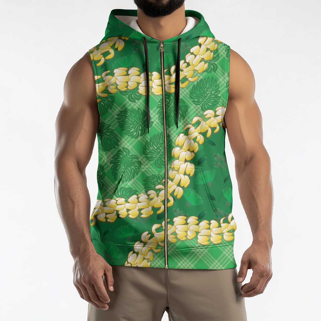 Green Palaka Hawaii Mele Kalikimaka Sleeveless Zip Hoodie Ohia Lehua Monstera Puakenikeni Lei - Polynesian Pride