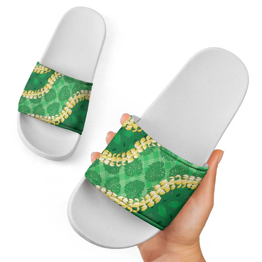 Green Palaka Hawaii Mele Kalikimaka Slide Sandals Ohia Lehua Monstera Puakenikeni Lei - Polynesian Pride