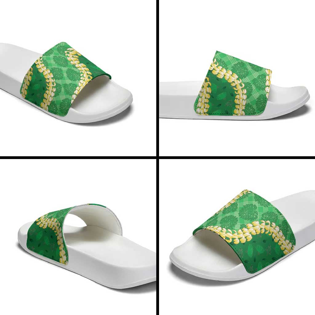 Green Palaka Hawaii Mele Kalikimaka Slide Sandals Ohia Lehua Monstera Puakenikeni Lei - Polynesian Pride