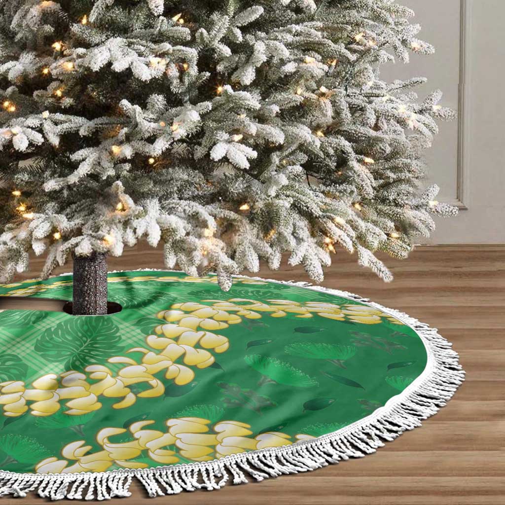 Green Palaka Hawaii Mele Kalikimaka Tree Skirt Ohia Lehua Monstera Puakenikeni Lei - Polynesian Pride