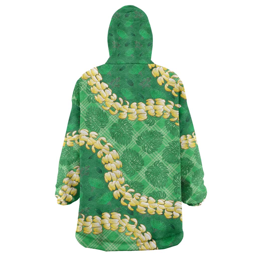Green Palaka Hawaii Mele Kalikimaka Wearable Blanket Hoodie Ohia Lehua Monstera Puakenikeni Lei - Polynesian Pride