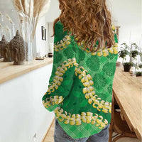 Green Palaka Hawaii Mele Kalikimaka Women Casual Shirt Ohia Lehua Monstera Puakenikeni Lei - Polynesian Pride