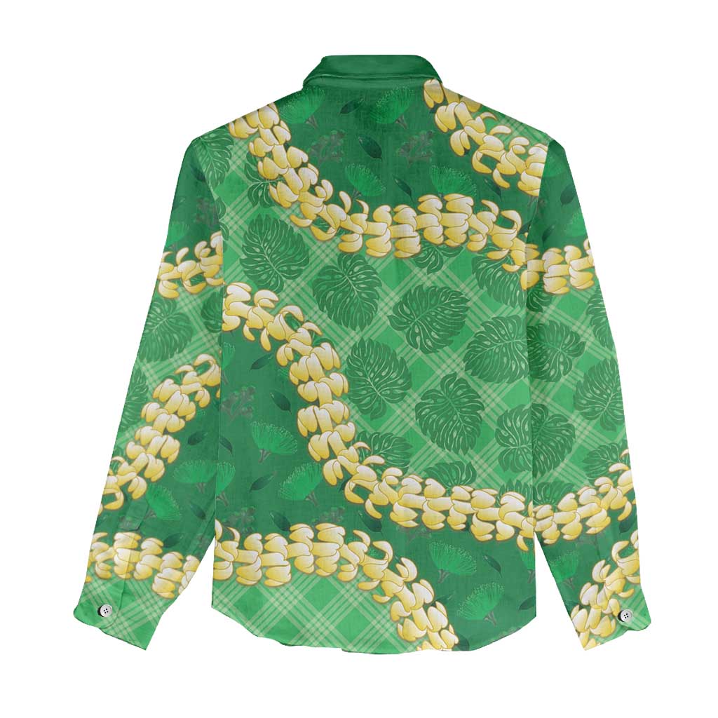 Green Palaka Hawaii Mele Kalikimaka Women Casual Shirt Ohia Lehua Monstera Puakenikeni Lei - Polynesian Pride